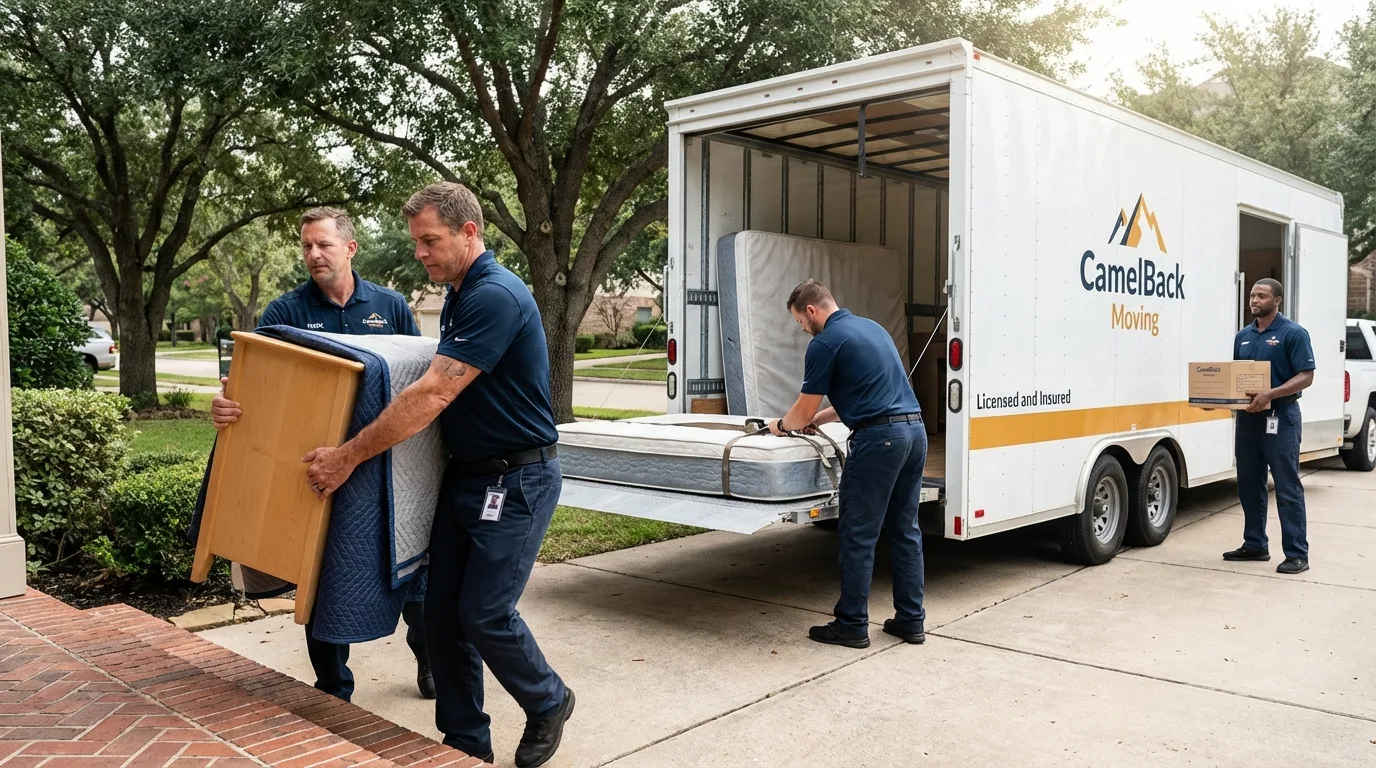Crew loading residential truck for cross-state move from Arvin, CA