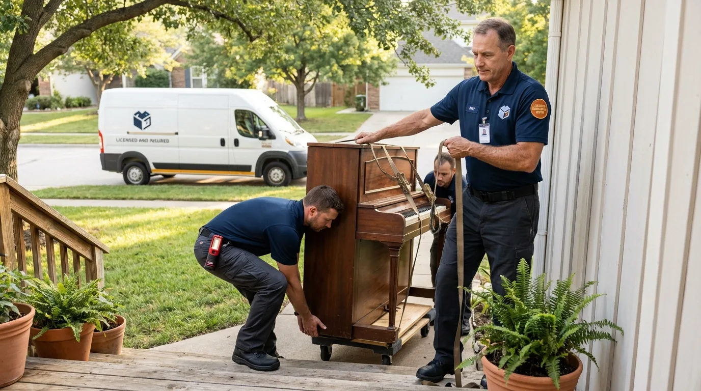 Licensed piano movers securing grand piano in Arvin, CA