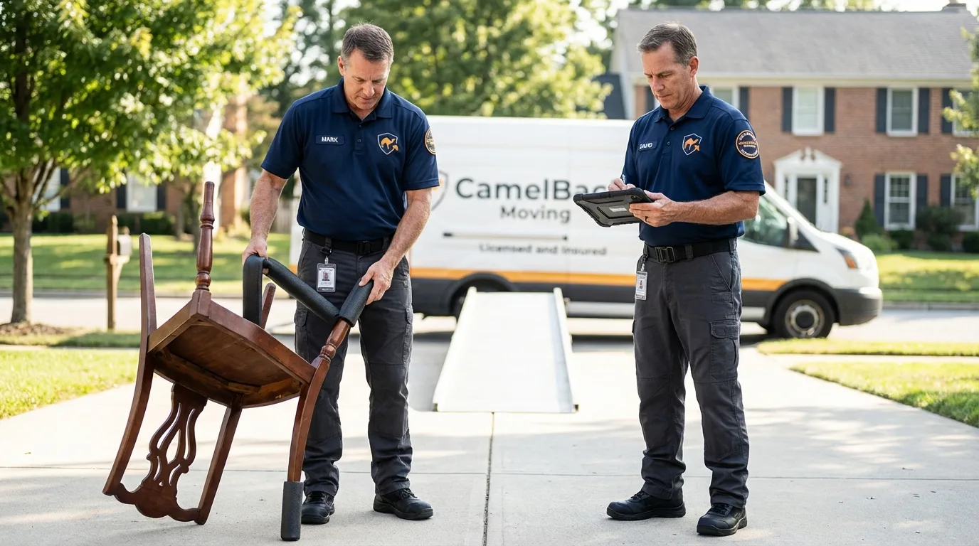 Movers inspecting furniture for damage prevention before loading in Arvin, CA
