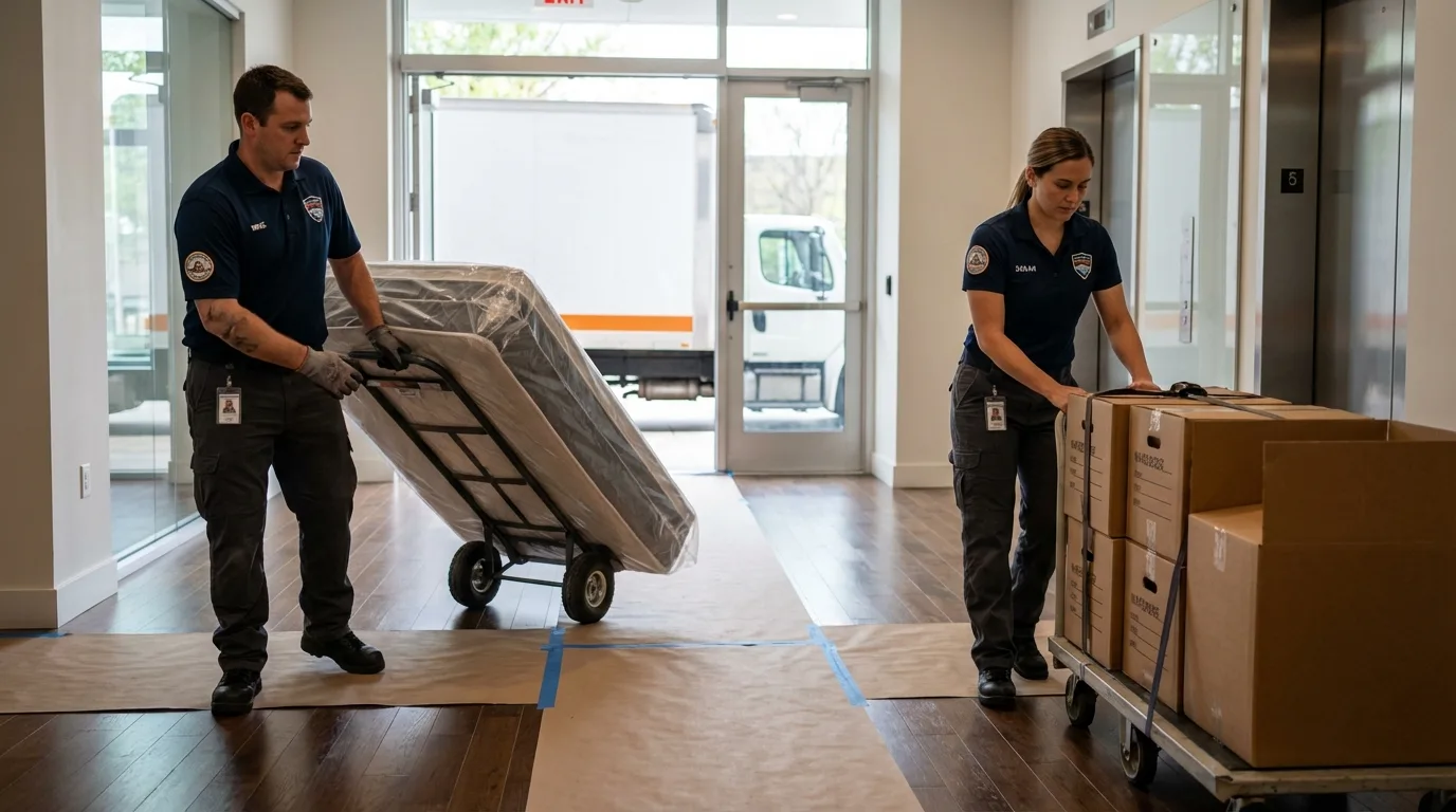 Professional apartment movers loading elevator in Arvin, CA